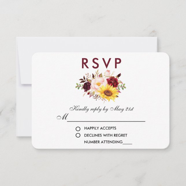 Floral acuarela Borgoña Boda RSVP (Anverso)