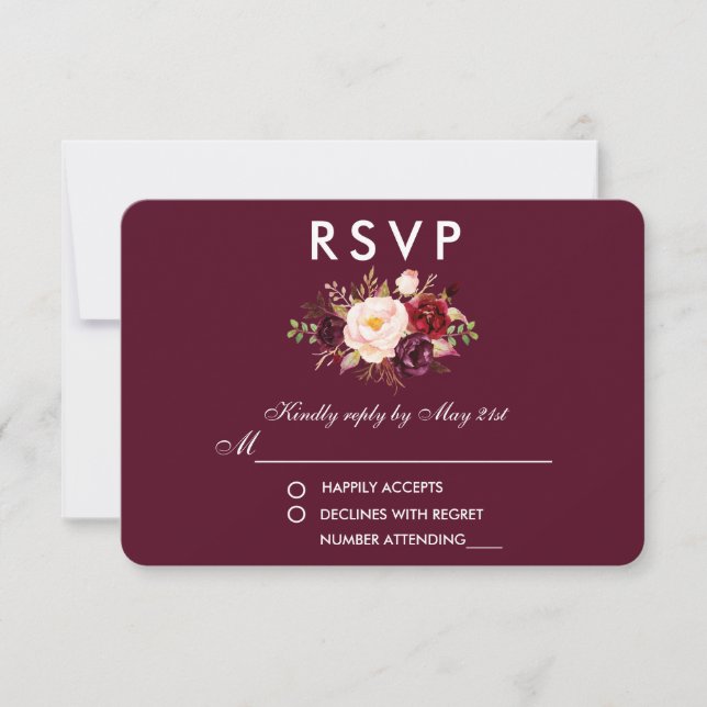 Floral acuarela Borgoña Boda RSVP (Anverso)