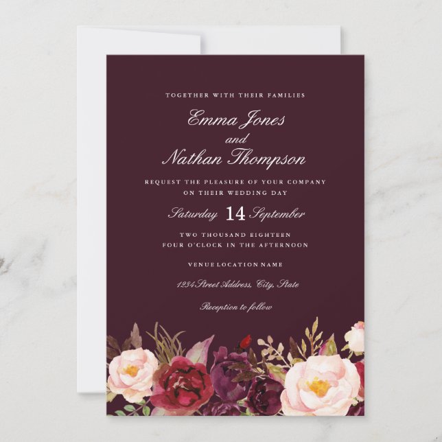 Floral acuarela Borgoña Invitación a la boda (Anverso)