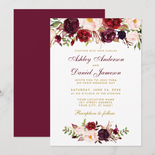 Floral acuarela Borgoña Invitación a la boda BG (Anverso / Reverso)