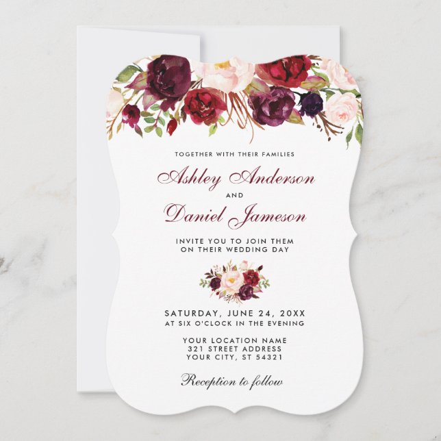 Floral acuarela Borgoña Invitación a la boda BR (Anverso)
