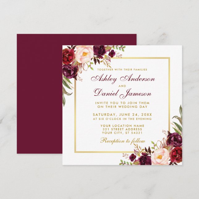 Floral acuarela Burgundy Gold Tarjeta Boda SB (Anverso / Reverso)