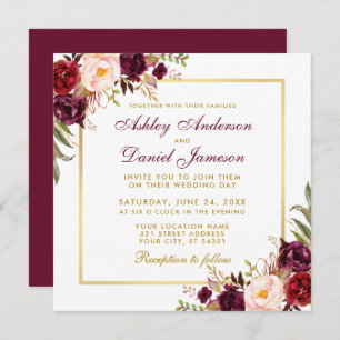 Floral acuarela Burgundy Gold Tarjeta Boda SB