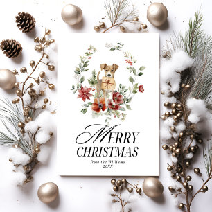Floral acuarela con perrito Feliz Navidad