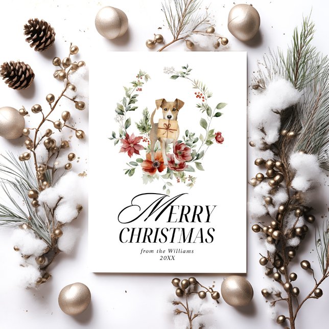 Floral acuarela con perrito Feliz Navidad (Subido por el creador)