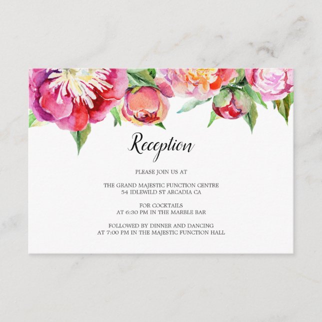 Floral acuarela Coral Peony Wedding Recepcion (Anverso)