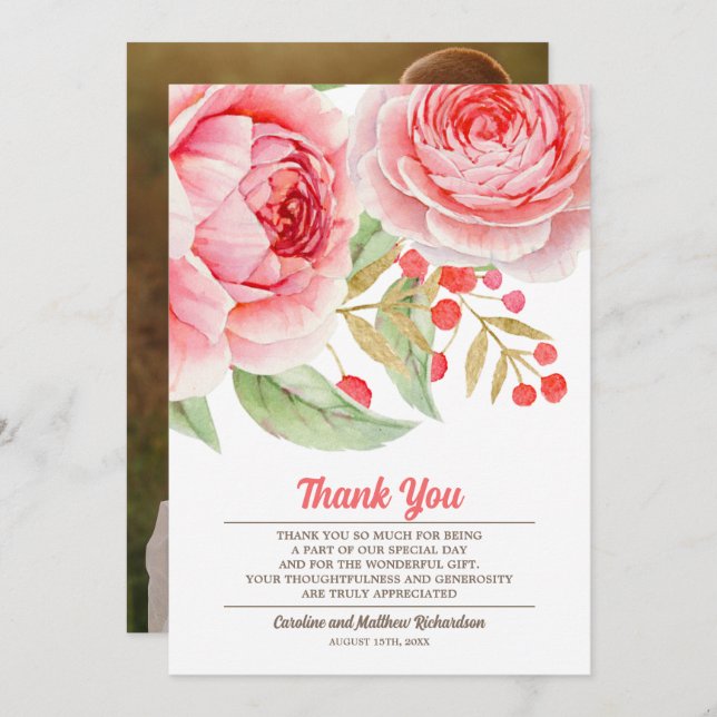 Floral acuarela Gracias Tarjeta Fotográfica Boda (Anverso / Reverso)