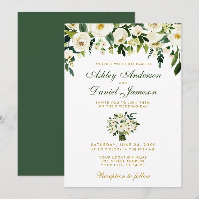 Floral acuarela Green Gold Wedding Invitación BG (Anverso / Reverso)