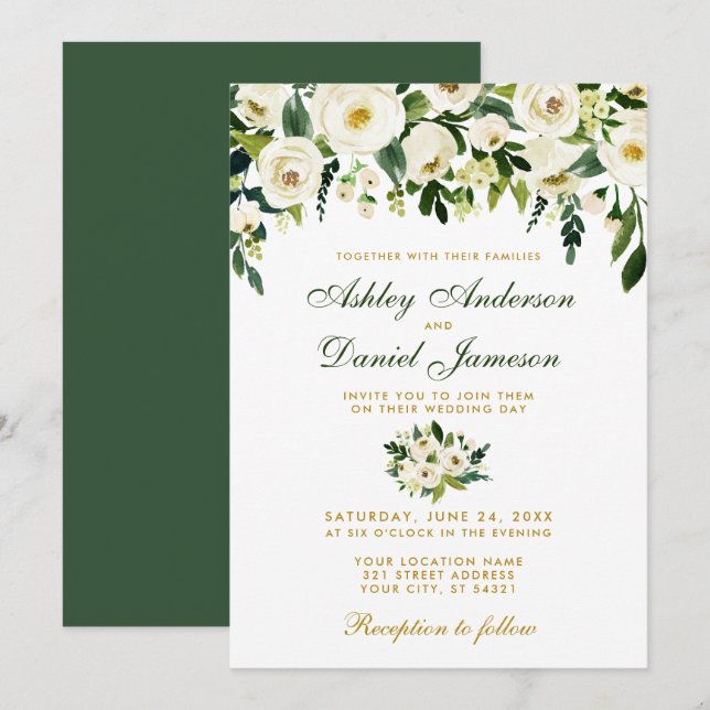 Floral acuarela Green Gold Wedding Invitación GB (Anverso / Reverso)