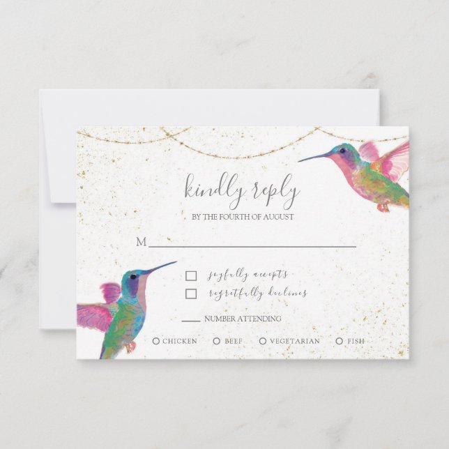 Floral acuarela Hummingbirds Tarjeta RSVP de Oro (Anverso)