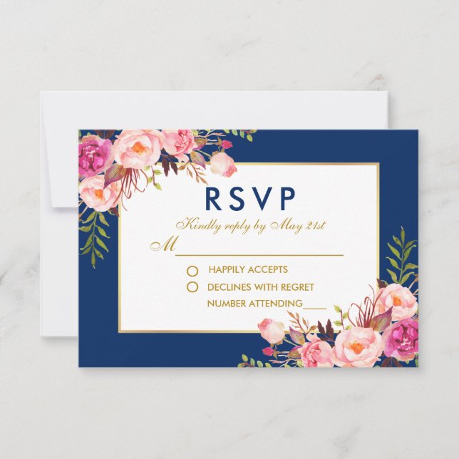 Floral acuarela Oro Azul rosa Boda RSVP (Anverso)