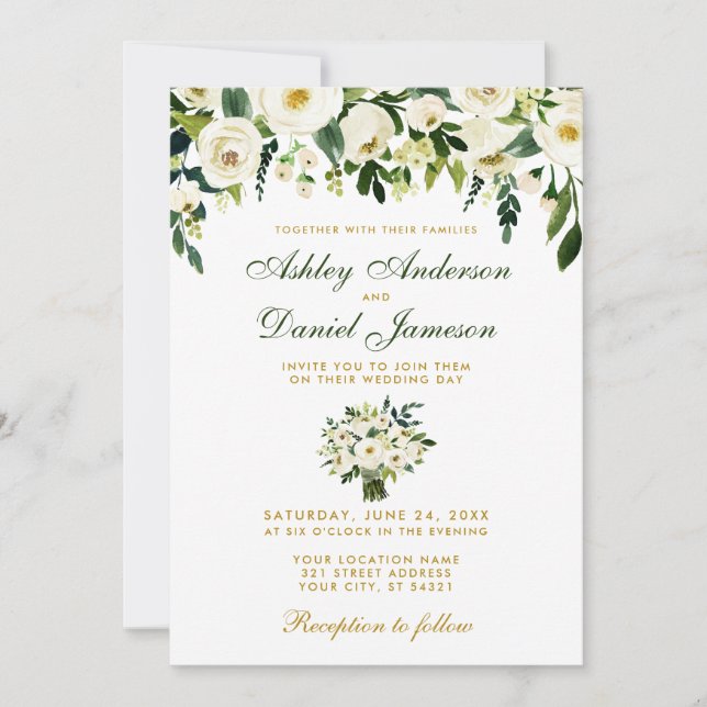 Floral acuarela Verde Boda de oro Invitación B (Anverso)