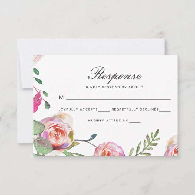 Floral acuarela y tarjeta de casamiento Rsvp (Anverso)