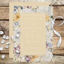 Floral amarilla azul y blanca en invitación amaril