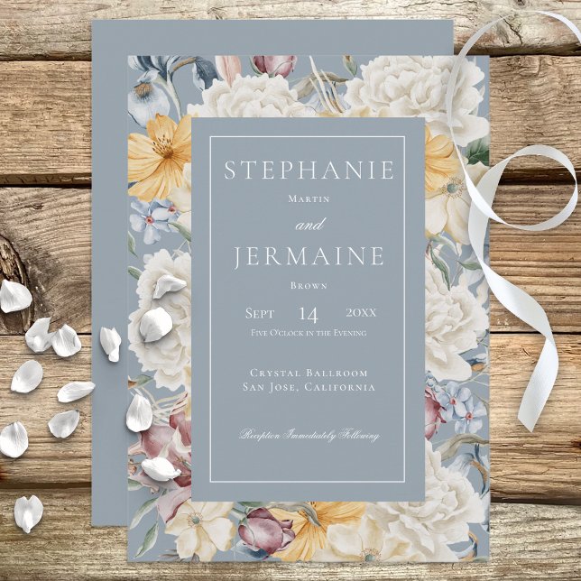 Floral amarilla azul y blanca en invitación azul (Subido por el creador)
