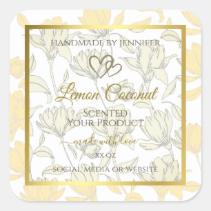 Floral amarillo pastel con etiqueta de producto de