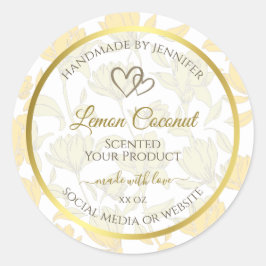 Floral amarillo pastel con etiqueta de producto de