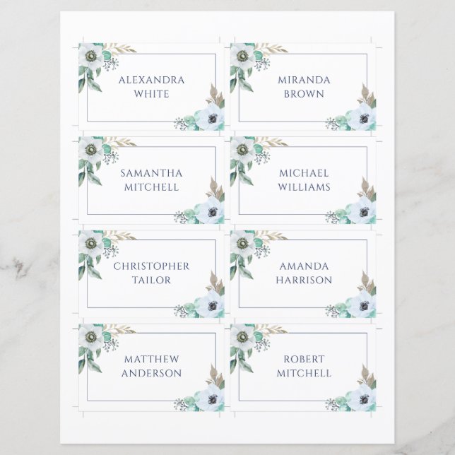 Floral Anemone Elegant Wedding Nombre Tarjeta de l (Anverso)