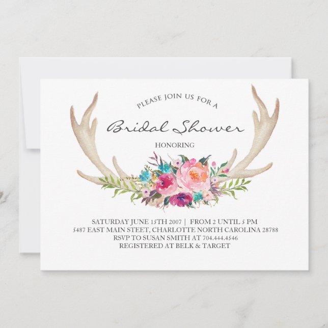 Floral antler boho Shower Invitación a la ducha (Anverso)