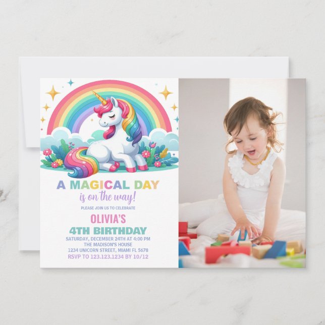 Floral arcoiris Unicornio Invitación a cumpleaños  (Anverso)