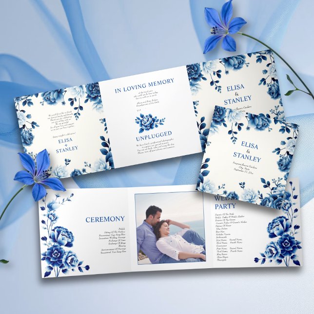 Floral azul Chinoiserie programa de bodas para peo (Subido por el creador)