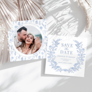 Floral azul de Boho Save the Date invitación a la