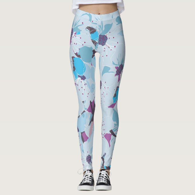 floral azul floral cerezo flor sakura leggings (Anverso)