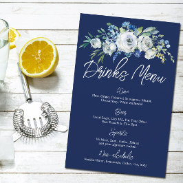 Floral azul marino moderno menú de bebidas de boda