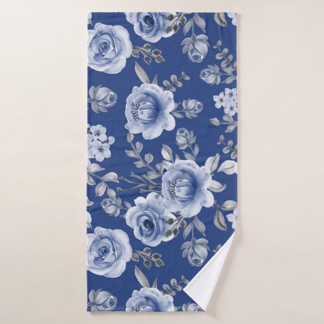 Floral azul marino y elegante acuarela moderna (Toalla de baño)