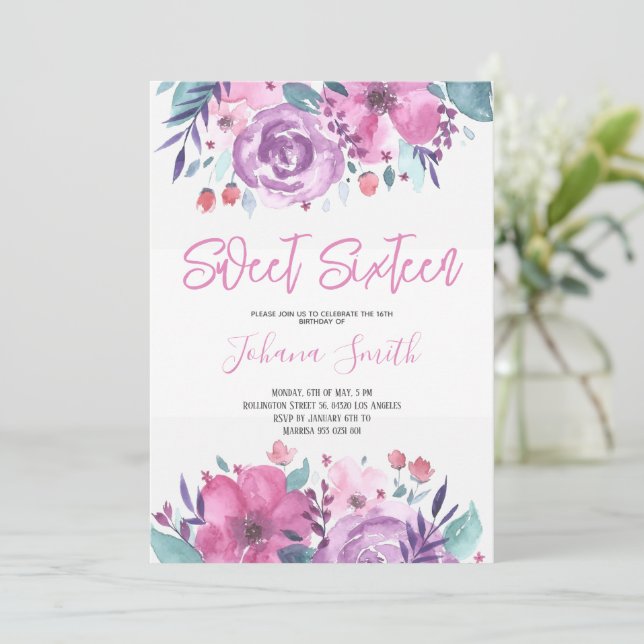 Floral azul morado Invitación a los 16º cumpleaños (Anverso de pie)