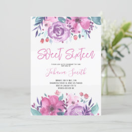 Floral azul morado Invitación a los 16º cumpleaños