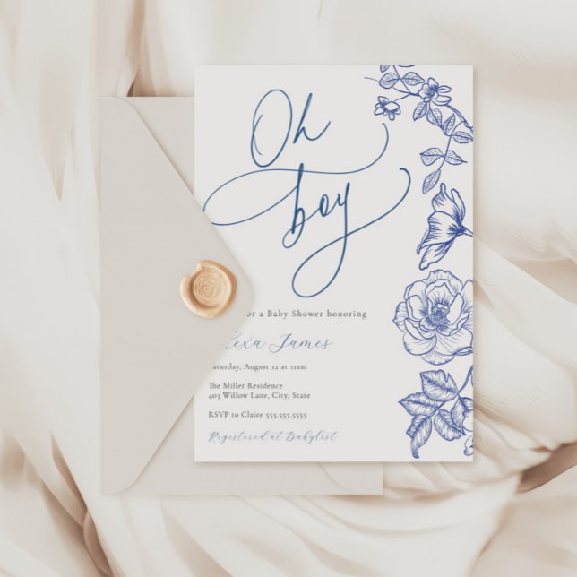 Floral azul Oh Boy Invitación de Baby Shower (Subido por el creador)