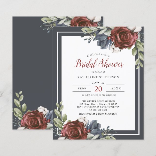 Floral azul presupuesto Moody Bridal Shower Flyer (Anverso / Reverso)