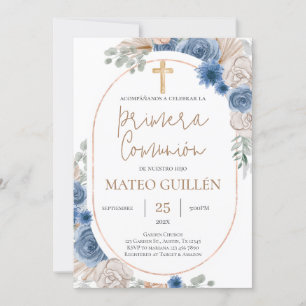 Floral azul Primera Comunión Invitación española
