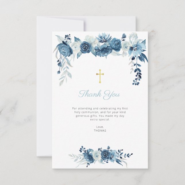 floral azul primera comunión tarjeta de agradecimi (Anverso)
