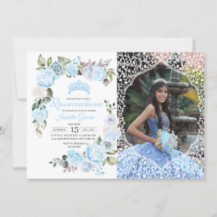Floral azul Quinceanera Foto Invitación a la toma