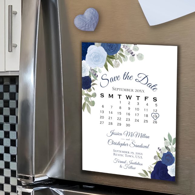 Floral azul rústico salva el imán del calendario d (Subido por el creador)