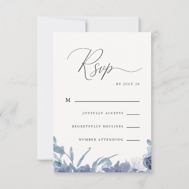 Floral azul turbio con caligrafía Rsvp (Anverso)