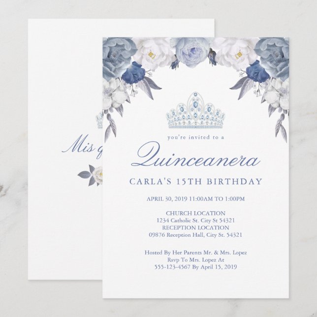 Floral azul y blanca | Invitaciones Quinceanera (Anverso / Reverso)