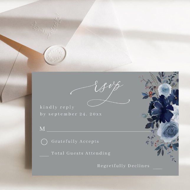 Floral azul y marina sin comida RSVP - gris (Subido por el creador)