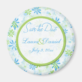 Floral azul y verde limón salvan el imán de fecha