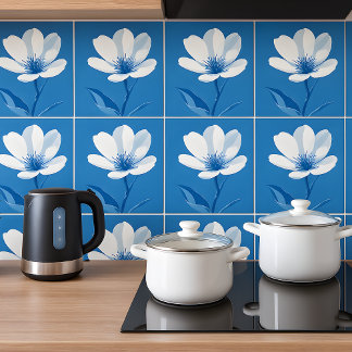 Floral Azulejo Mediterráneo Azul Blanco