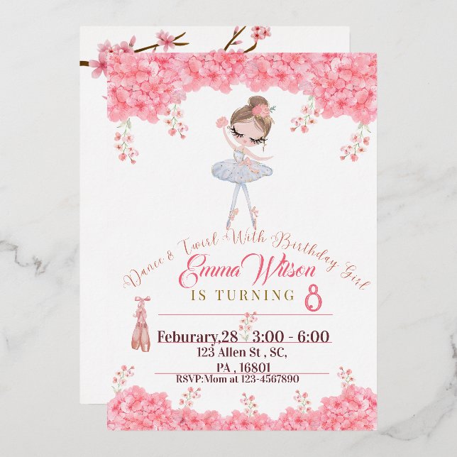 Floral Ballerina Invitación De Cumpleaños Para Chi (Anverso/Reverso)