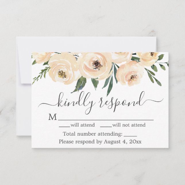 Floral Beige Rubor Rosas Tarjeta RSVP Blanco Oro (Anverso)