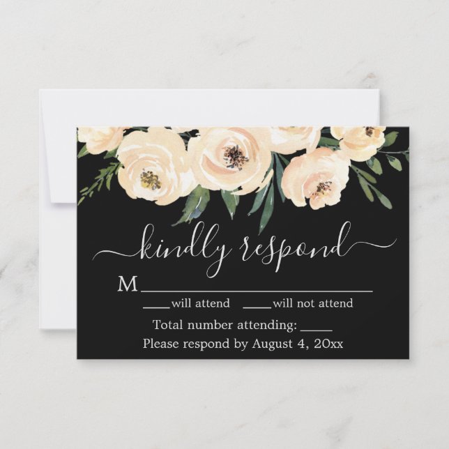 Floral Beige Rubor Rosas Tarjeta RSVP Gold Black (Anverso)