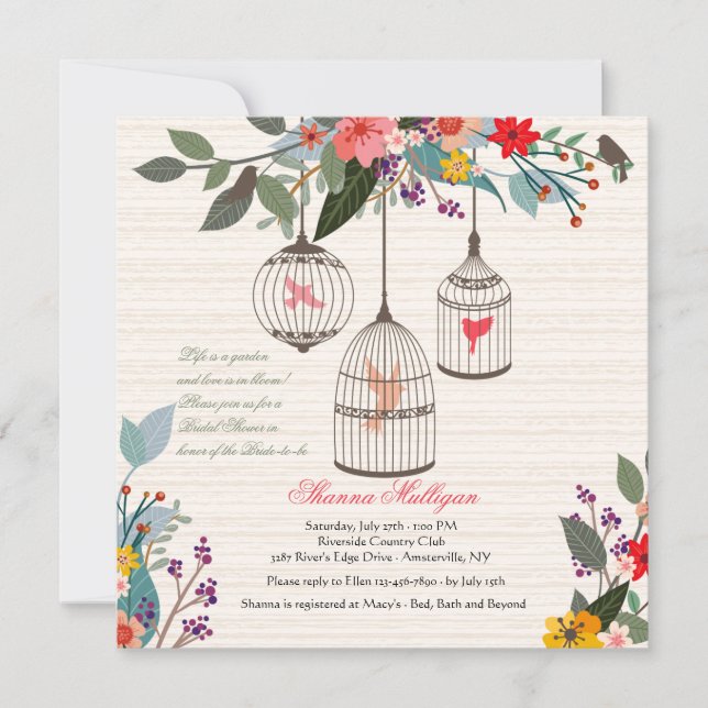 Floral Bird Cages Bridal Shower Invitación (Anverso)
