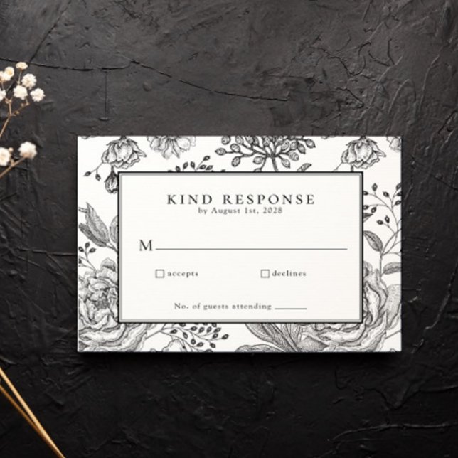 Floral Black Elegant Wedant Wedding RSVP Card (Subido por el creador)