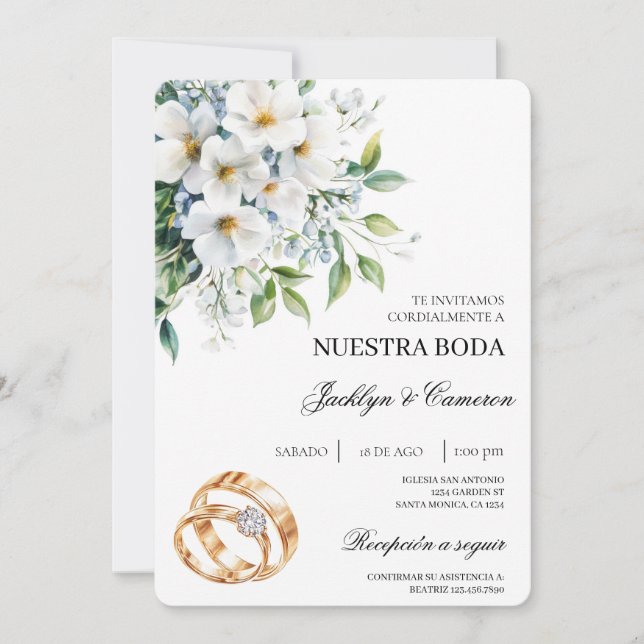 Floral blanca con anillo Invitación a la boda espa (Anverso)