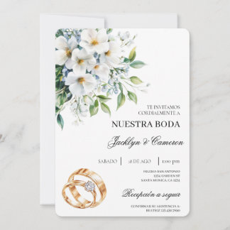 Floral blanca con anillo Invitación a la boda espa