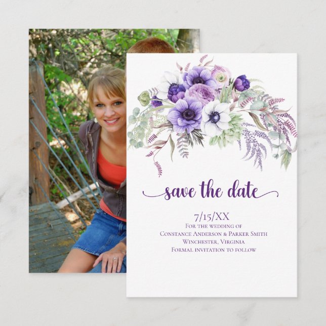 Floral blanca de lavanda púrpura Save the Date (Anverso / Reverso)